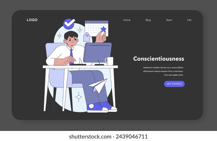 Conscientiousness aspect of the Big Five Personality. A focused individual at work, displaying organization and attention to detail. Flat vector illustration.