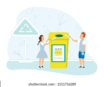 Conscious Children Throw Plastic Package to Special Litter Bin for Recycling and Trash Separation. Schoolboy and Schoolgirl Take Responsibility for Ecology Protection Cartoon Flat Vector Illustration
