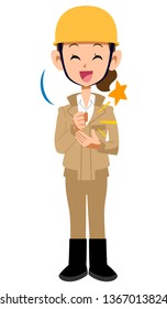 Conscious construction site worker woman Beige work clothes