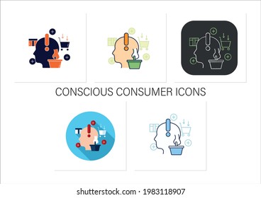 Conscientes iconos de consumidor. Compras deliciosas. Delicioso gasto de dinero. Comprar cosas necesarias.Gasto significativo.Colección de iconos en estilos de color lineales, rellenos.Iconos vectoriales aislados