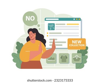 Conscious consumption. Character with eco-friendly life-style. Sustainable practice in the daily life. Overconsumption and consumerism idea. Fast fashion effect. Flat vector illustration