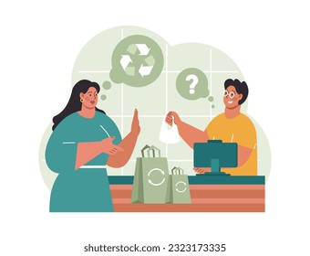 Conscious consumption. Character with eco-friendly life-style. Sustainable practice in the daily life. Zero waste and recycling. Flat vector illustration