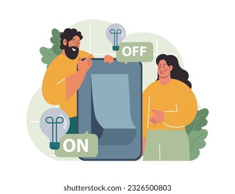 Conscious consumption. Character with eco-friendly life-style. Sustainable practice in the daily life. Electricity consumption reduction, energy efficiency idea. Flat vector illustration