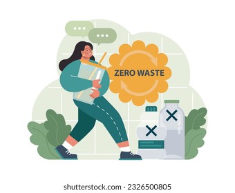 Conscious consumption. Character with eco-friendly life-style. Sustainable practice in the daily life. Zero waste and reusable bottle usage. Plastic pachage alternative. FFlat vector illustration