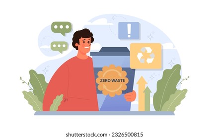 Conscious consumption. Character with eco-friendly life-style. Sustainable practice in the daily life. Zero waste and reusable coffe cup usage. Plastic pachage alternative. Flat vector illustration