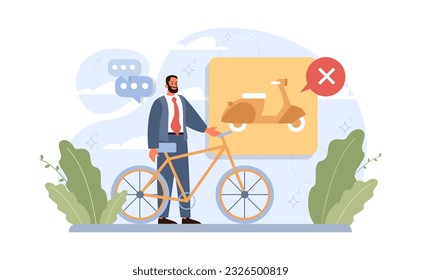 Conscious consumption. Character with eco-friendly life-style. Sustainable practice in the daily life. Green transportation, Character riding a bicycle to reduce CO2 emission. Flat vector illustration