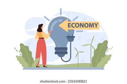 Conscious consumption. Character with eco-friendly life-style. Sustainable practice in the daily life. Electricity consumption reduction, energy efficiency idea. Flat vector illustration