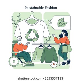 Conscious Consumption concept. Advocating for sustainable fashion through recycling and eco-friendly practices. Inclusion and environmental responsibility. Vector illustration.