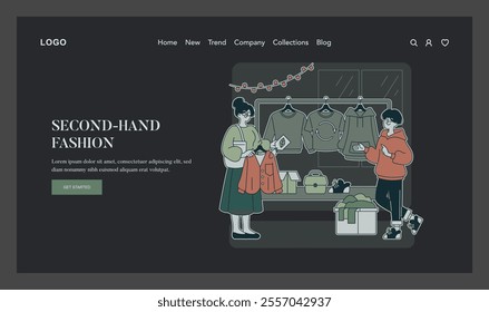 Conscious Consumption concept. Customers at a thrift store exploring sustainable fashion options to reduce waste. Eco-friendly clothing choice. Vector illustration.