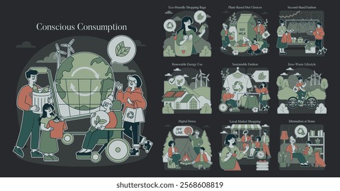 Conscious Consumption concept. Education on sustainable living through eco-friendly practices. Renewable energy, recycling, plant-based diet, and minimalism. Vector illustration.