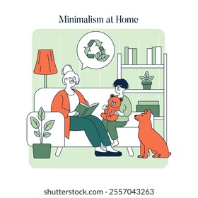 Conscious Consumption concept. Family embracing minimalism at home, with eco-friendly habits and clutter-free living space. Simplified lifestyle with sustainability. Vector illustration.