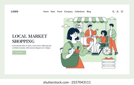 Conscious Consumption concept. Illustrated scene of diverse individuals engaging in local market shopping, promoting sustainable lifestyles. Community, eco-friendly choices, and fresh produce. Vector