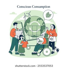 Conscious Consumption concept. People engaging in sustainable living with recycling and renewable energy. Eco-friendly habits and green lifestyle choices. Vector illustration.