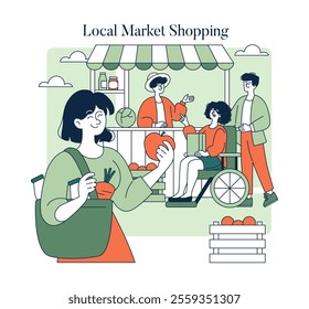 Conscious Consumption concept. Shoppers at a local market choose farm-fresh produce, supporting community and sustainability. Inclusive scene with diverse customers. Vector illustration.