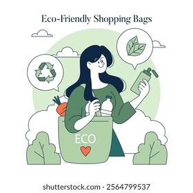 Conscious Consumption concept. Woman using reusable bag and bottle promoting sustainability. Eco-friendly lifestyle choices and waste reduction. Vector illustration.