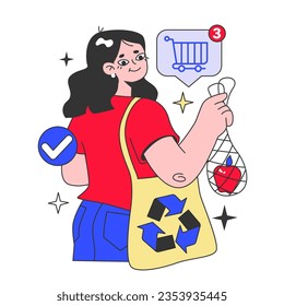 Consumo consciente. Consumidor usando bolsas de compra reutilizables en lugar de bolsas de plástico. Carácter con estilo de vida ecológico. Cero basura y reciclaje. Ilustración vectorial plana