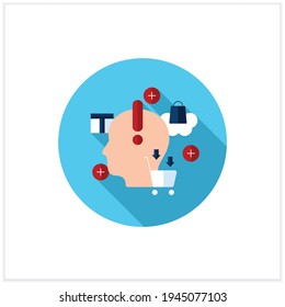 Icono plano de consumo consciente. Compras deliciosas. Delicioso gasto de dinero. Comprar las cosas necesarias.Concepto de compra consciente.Ilustración vectorial