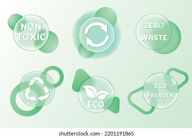 Conscious consumption icons set round vector illustration of design element for zero waste label or promo sign in glassmorphism style