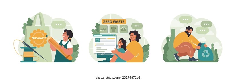 Conscious consumption set. Character with eco-friendly life-style. Sustainable practice in the daily life. Zero waste and recycling. Flat vector illustration