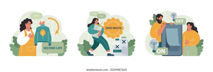 Conscious consumption set. Character with eco-friendly life-style. Sustainable practice in the daily life. Zero waste and recycling. Flat vector illustration