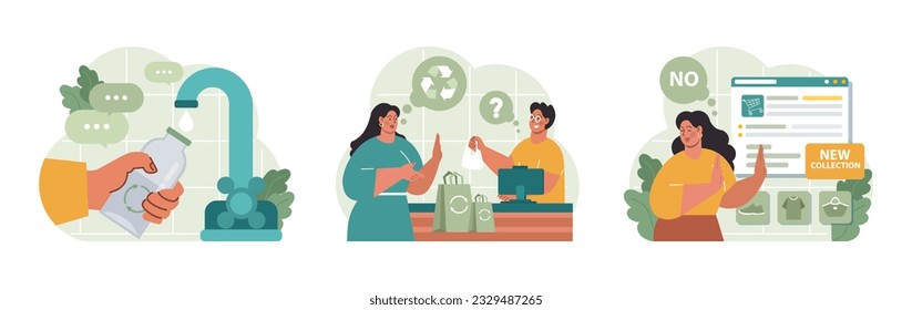 Conscious consumption set. Character with eco-friendly life-style. Sustainable practice in the daily life. Zero waste and recycling. Flat vector illustration