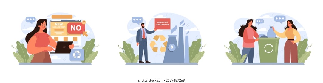 Conscious consumption set. Character with eco-friendly life-style. Sustainable practice in the daily life. Zero waste and recycling. Flat vector illustration