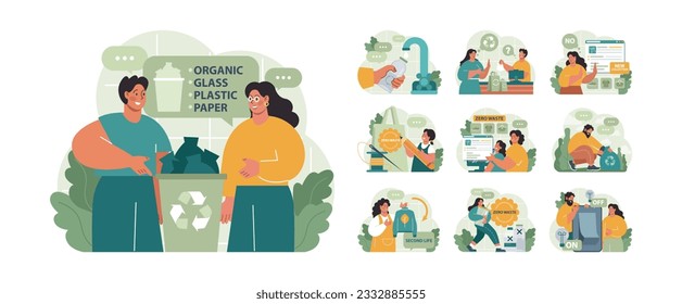 Conscious consumption set. Character with eco-friendly life-style. Sustainable practice in the daily life. Zero waste and recycling. Flat vector illustration