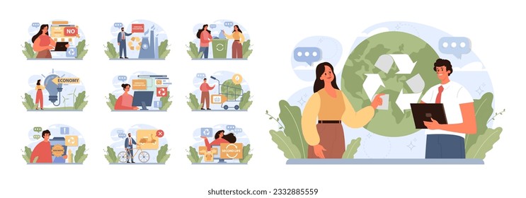 Conscious consumption set. Character with eco-friendly life-style. Sustainable practice in the daily life. Zero waste and recycling. Flat vector illustration