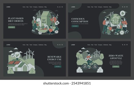 Conscious Consumption set. Choosing plant-based diets, using renewable energy, and adopting a zero-waste lifestyle. Advocating for eco-friendly habits. Vector illustration.