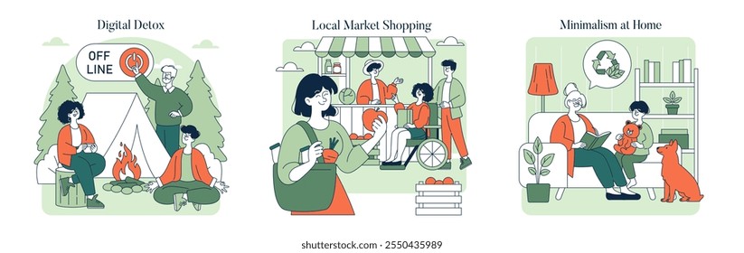 Consumo consciente definido. Práticas para uma vida sustentável representadas através do acampamento digital desintoxicação, compras no mercado local e minimalismo em casa. Ilustração vetorial.