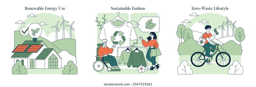 Conjunto de consumo consciente. Energía renovable, moda sostenible, estilo de vida sin residuos. Representar opciones ecológicas en la vida diaria. Ilustración vectorial.