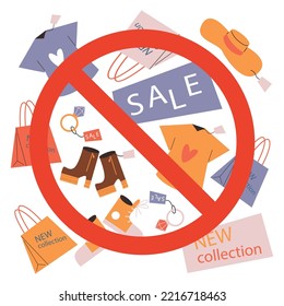 Conscious Consumption And Stop Fast Fashion Banner Or Sign, Flat Vector Illustration Isolated On White Background. Concept Of Overconsumption And Excess Shopping.