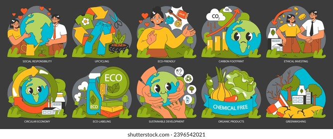 Conscious or ethical living dark or night mode set. Sustainable development and zero waste lifestyle. Circular economy, business and social responsibility to reduce carbon footprint. Flat vector.