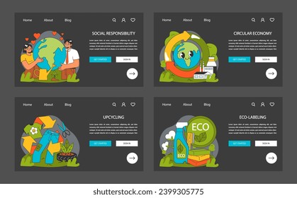 Conscious or ethical living dark or night mode web or landing set. Sustainable development and zero waste. Circular economy, social responsibility to reduce carbon footprint. Flat vector illustration.