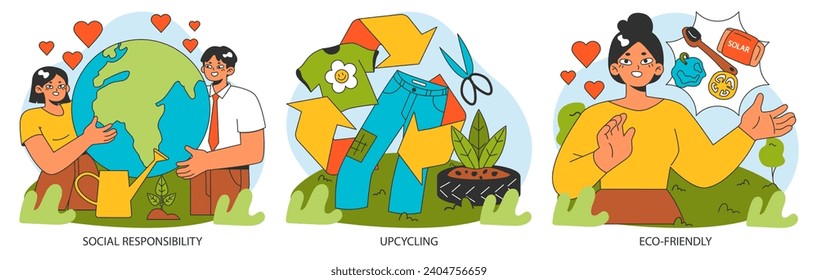 Conscious or ethical living set. Sustainable development and zero waste lifestyle. Circular economy, business and social responsibility to reduce carbon footprint. Flat vector illustration.