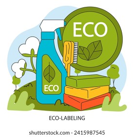 Vida consciente o ética. Un estilo de vida sostenible y sin desperdicios. Productos ecológicos y ecológicos para la limpieza de la casa. Botella, jabón y cepillo para el servicio de limpieza Ilustración vectorial plana