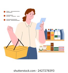 Conscious grocery shopping. Woman with a grocery list and basket chooses food carefully to reduce food waste. Mindful consumer. Sustainability. Flat vector illustration.