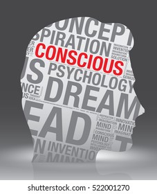 Conscious head of man with word cloud, vector concept