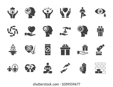 Conscious Living and Friends Relations Glyph Related Icons Set on White Background. Simple Black Pictogram Pack Vector Logo Concept for Web.