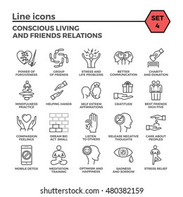 Conscious Living and Friends Relations Thin Line Related Icons Set on White Background. Simple Mono Linear Pictogram Pack Stroke Vector Logo Concept for Web Graphics.