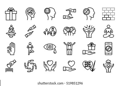 Conscious Living and Friends Relations Thin Line Related Icons Set on White Background. Simple Mono Linear Pictogram Pack Stroke Vector Logo Concept for Web. Editable Stroke. 48x48 Pixel Perfect.