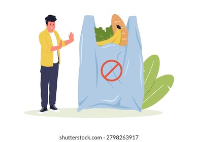 Conscious Man Refusing Single Use Plastic Bag. A young man making a stop hand gesture to refuse a single-use plastic grocery bag filled with food, promoting zero waste habits