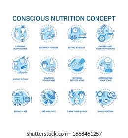 Conscious nutrition concept icons set. Mindful eating, careful and attentive food consumption idea thin line RGB color illustrations. Vector isolated outline drawings. Editable stroke