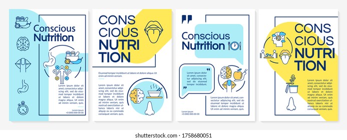 Conscious nutrition, healthy eating brochure template. Mindfulness. Flyer, booklet, leaflet print, cover design with linear icons. Vector layouts for magazines, annual reports, advertising posters