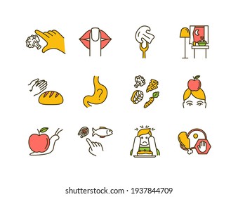 Conscious nutrition RGB color icons set. Promoting health habits. Taking small bites. Uncontrolled eating. Appreciation for food. Body weight control. Eating mindfully. Isolated vector illustrations