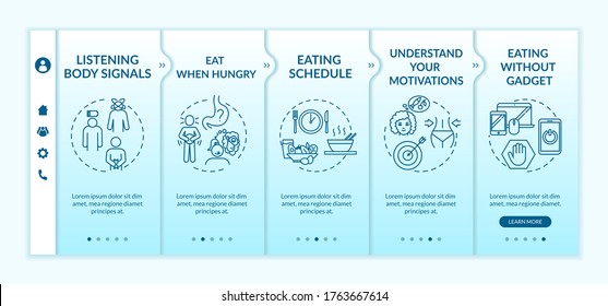 Conscious nutrition rules onboarding vector template. Eat when hungry and listening body signals. Responsive mobile website with icons. Webpage walkthrough step screens. RGB color concept