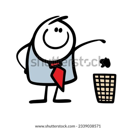 Conscious stickman throws garbage in the trash, takes care of the planet. Vector illustration of an eco-friendly habit in the office. Funny character isolated on white background.