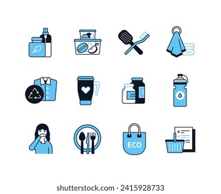 Conscious use of things - line design style icons set with editable stroke. Natural ingredients, reusable containers, clothing recycling, bottled water, eco shopper, smart consumption, zero waste idea