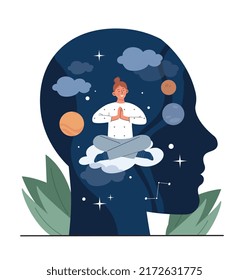 Conscious Woman Concept. Girl Sits In Lotus Position Against Background Of Abstract Silhouette Of Head. Esotericism, Imagination And Fantasy. Inner Peace And Balance. Cartoon Flat Vector Illustration