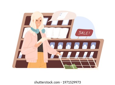 Conscious woman keeping to shopping list while buying food products in supermarket. Modern customer making purchases in grocery store. Colored flat vector illustration isolated on white background